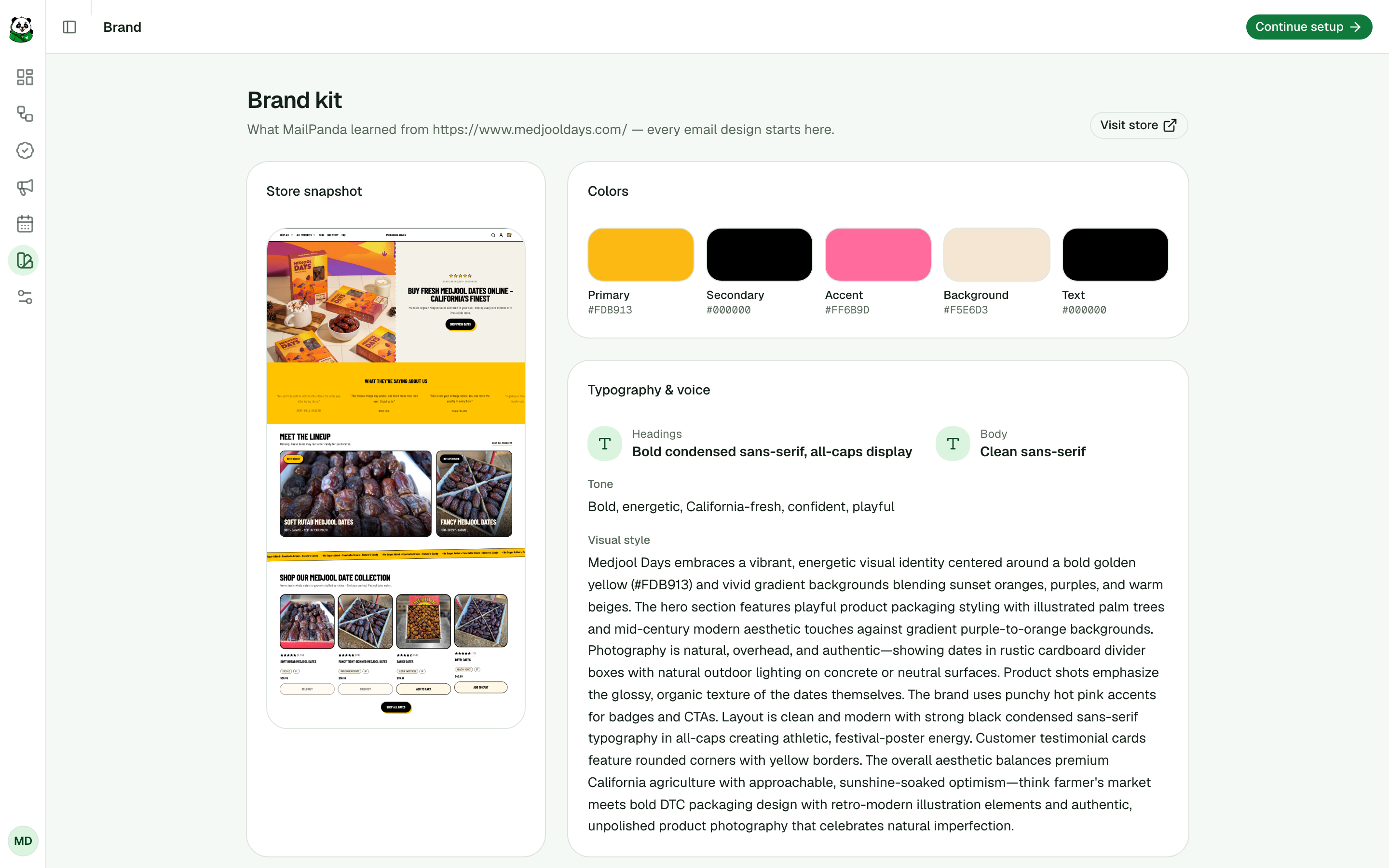 MailPanda's brand kit page, learned automatically from a store URL